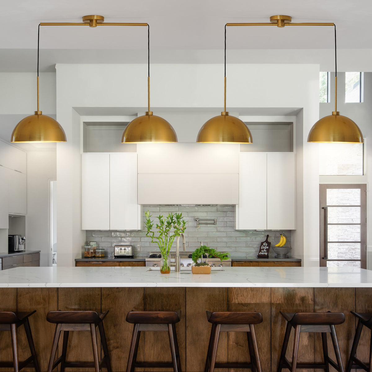 Copper-tone double pendant light on a linear bar, view 7