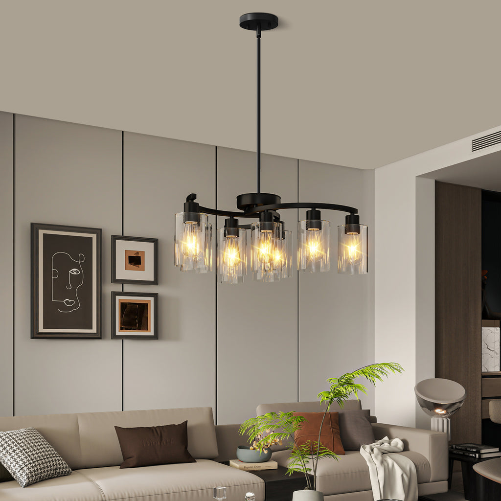 Nine-light black chandelier with clear glass shades over a dining table, view 2