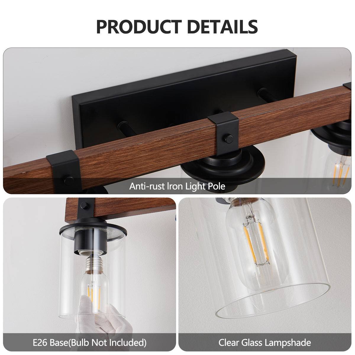 Wide seven-light black and wood bathroom vanity sconce with glass shades, view 3