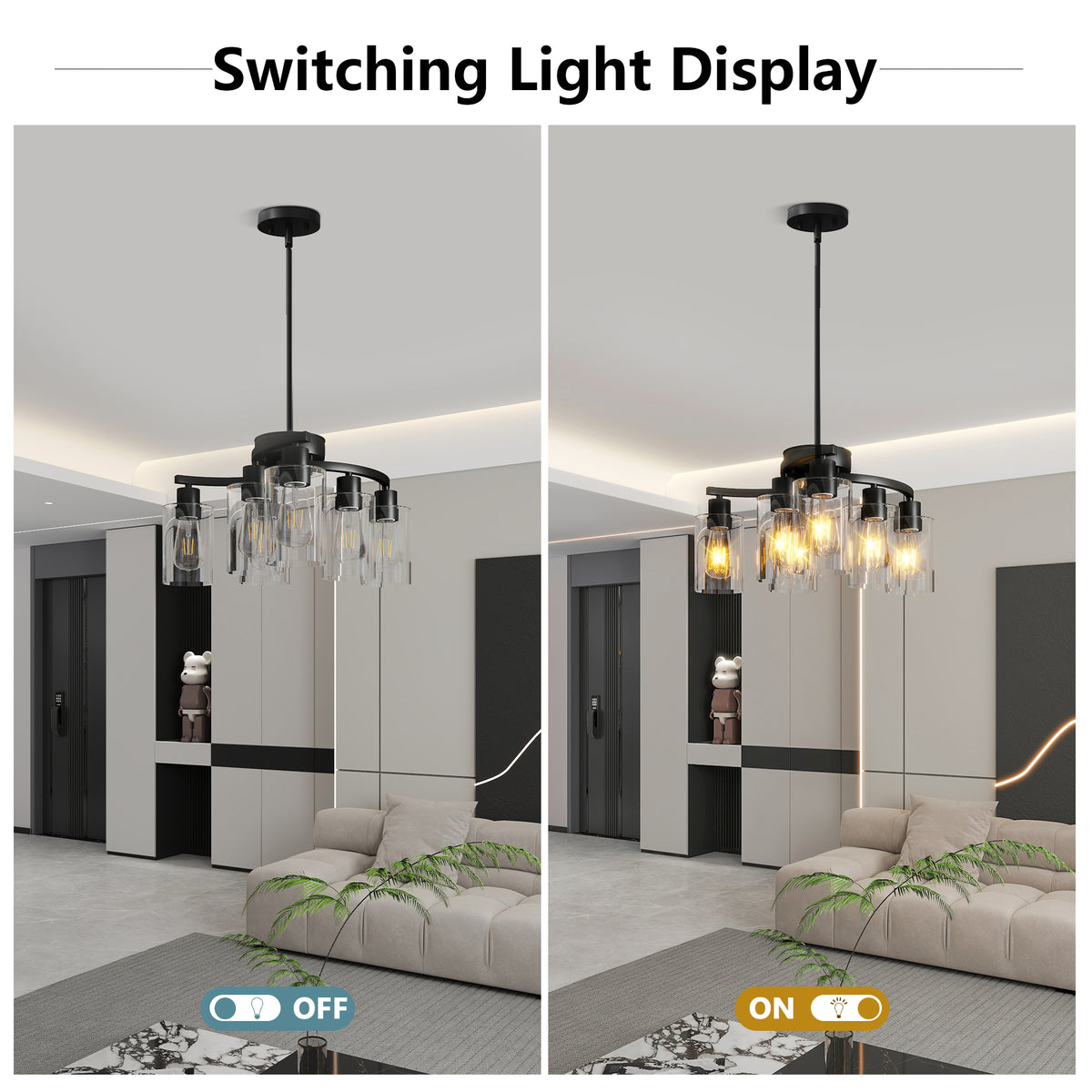 Six-light black chandelier with clear glass shades, view 7
