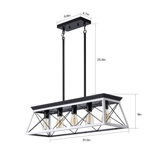 White and black five-light farmhouse chandelier over a dining table, view 5
