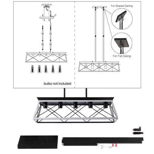 White and black five-light farmhouse chandelier over a dining table, view 7