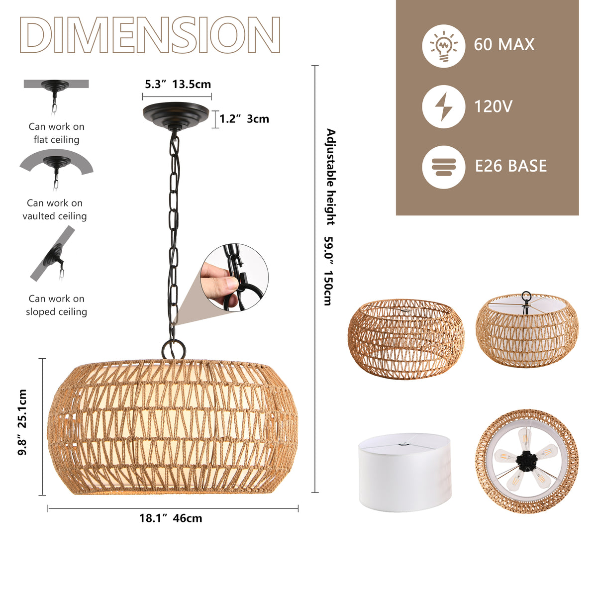 Woven jute rope farmhouse pendant light, view 9