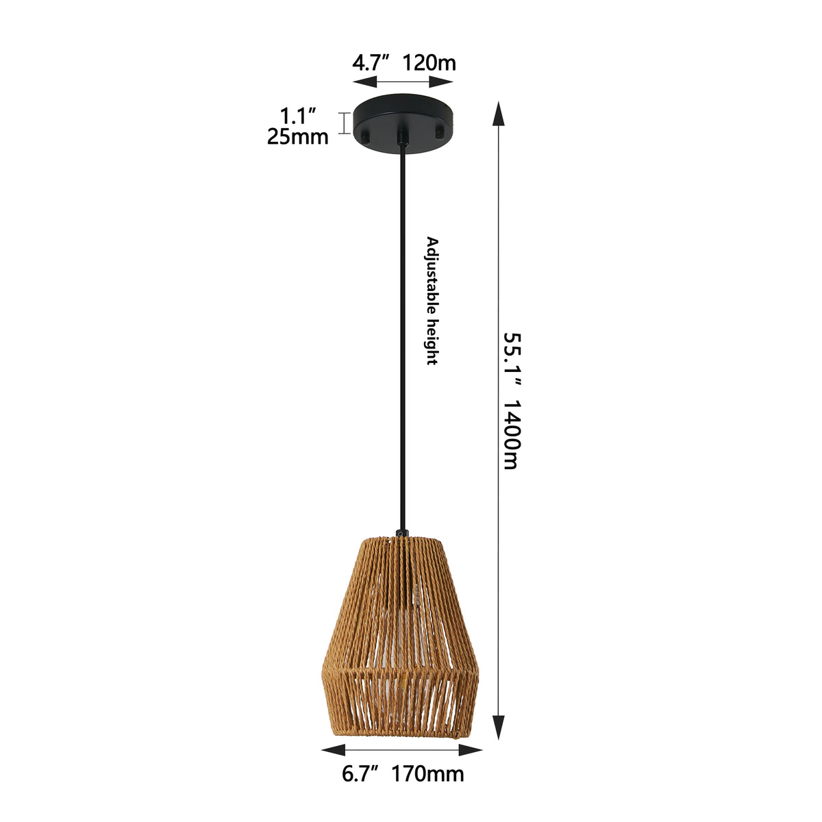 Set of three woven hemp rope pendant lights over a table, view 4