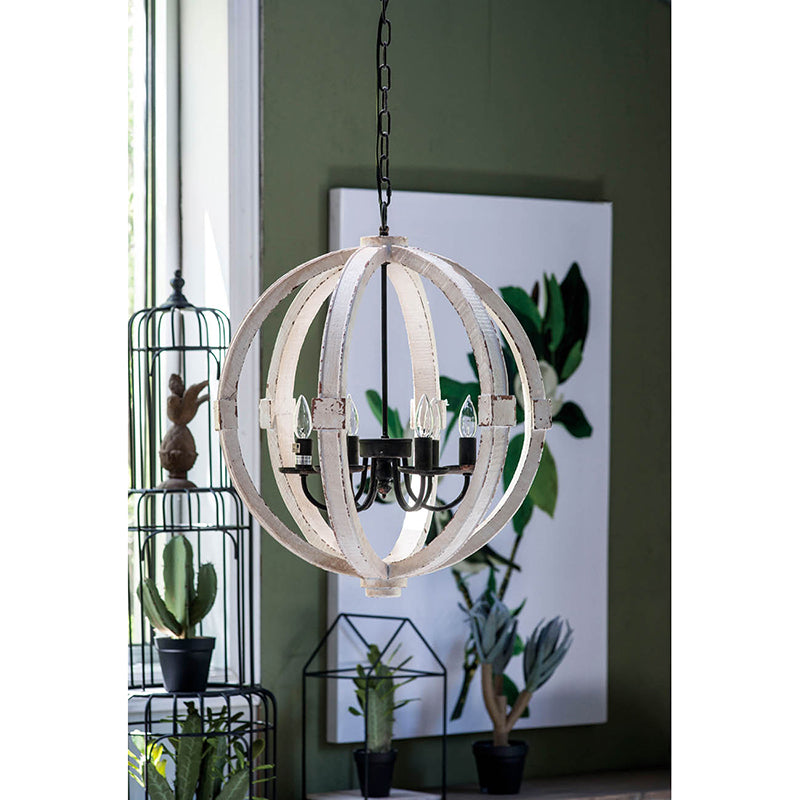 White distressed wood six-light chandelier with iron accents, view 4