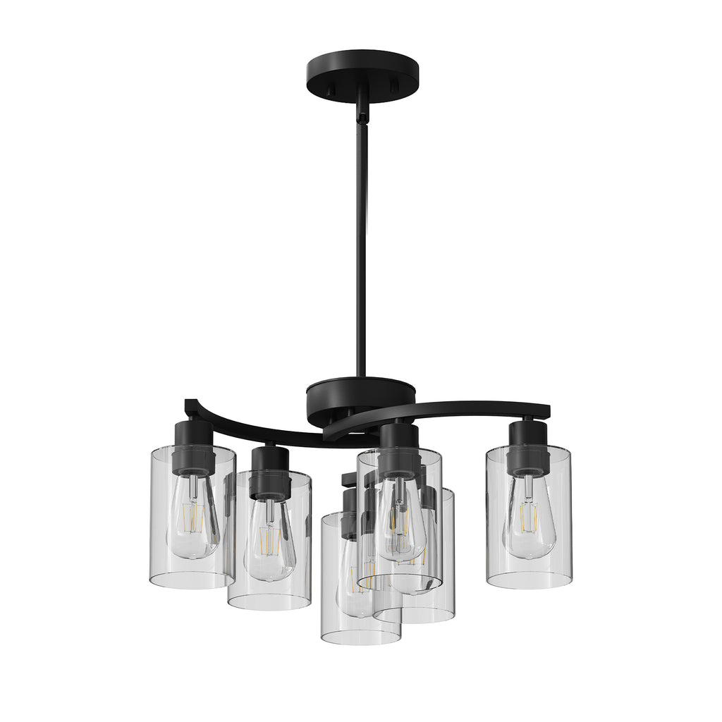 Six-light black chandelier with clear glass shades, view 3