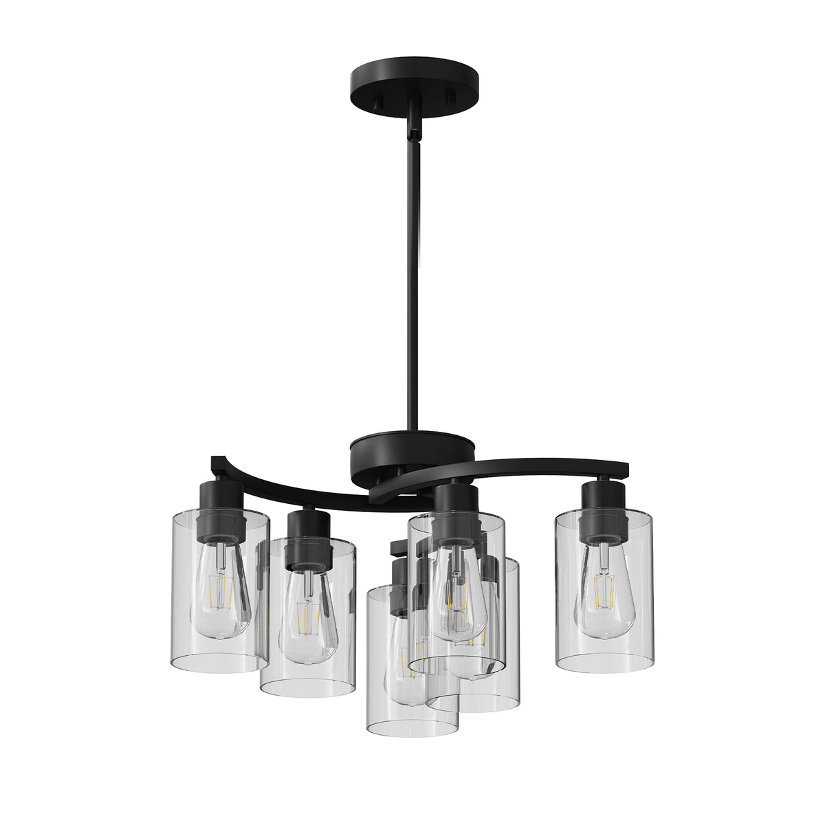 Six-light black chandelier with clear glass shades, view 3