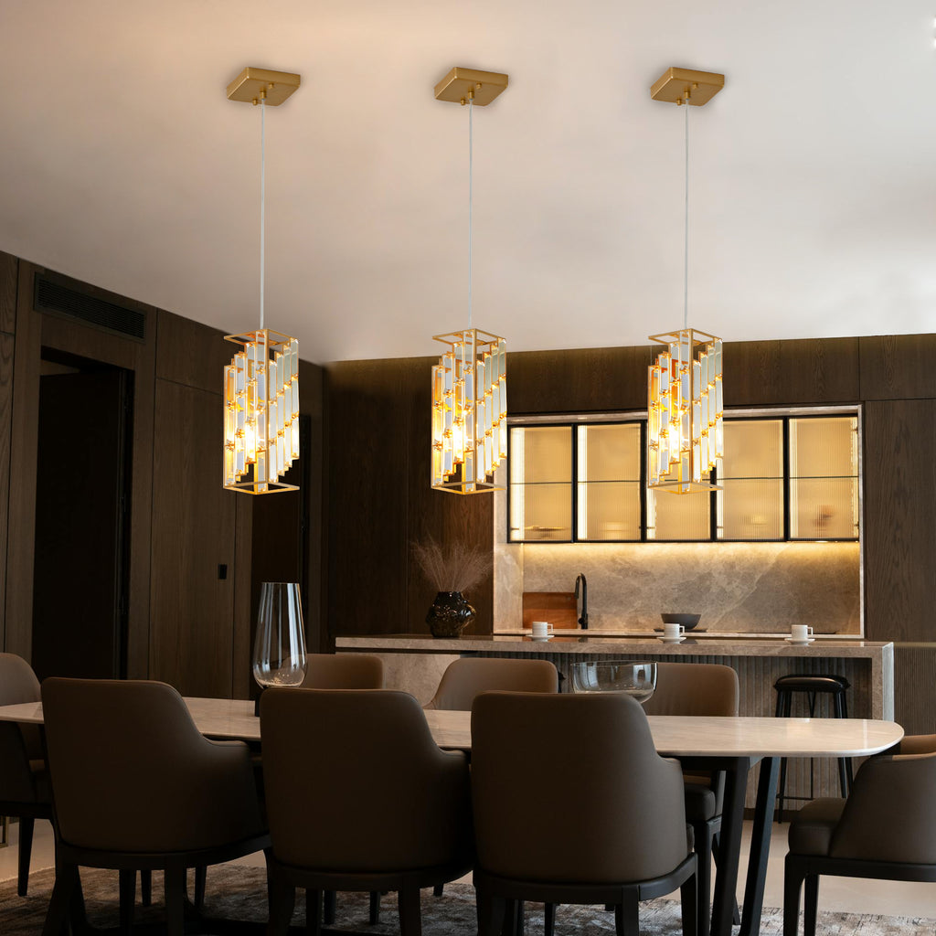 Three small gold crystal prism pendant lights, view 7