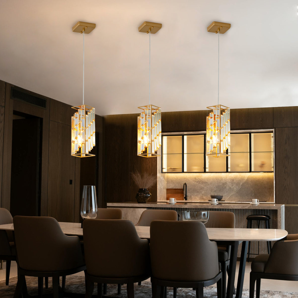 Three small gold crystal prism pendant lights, view 7