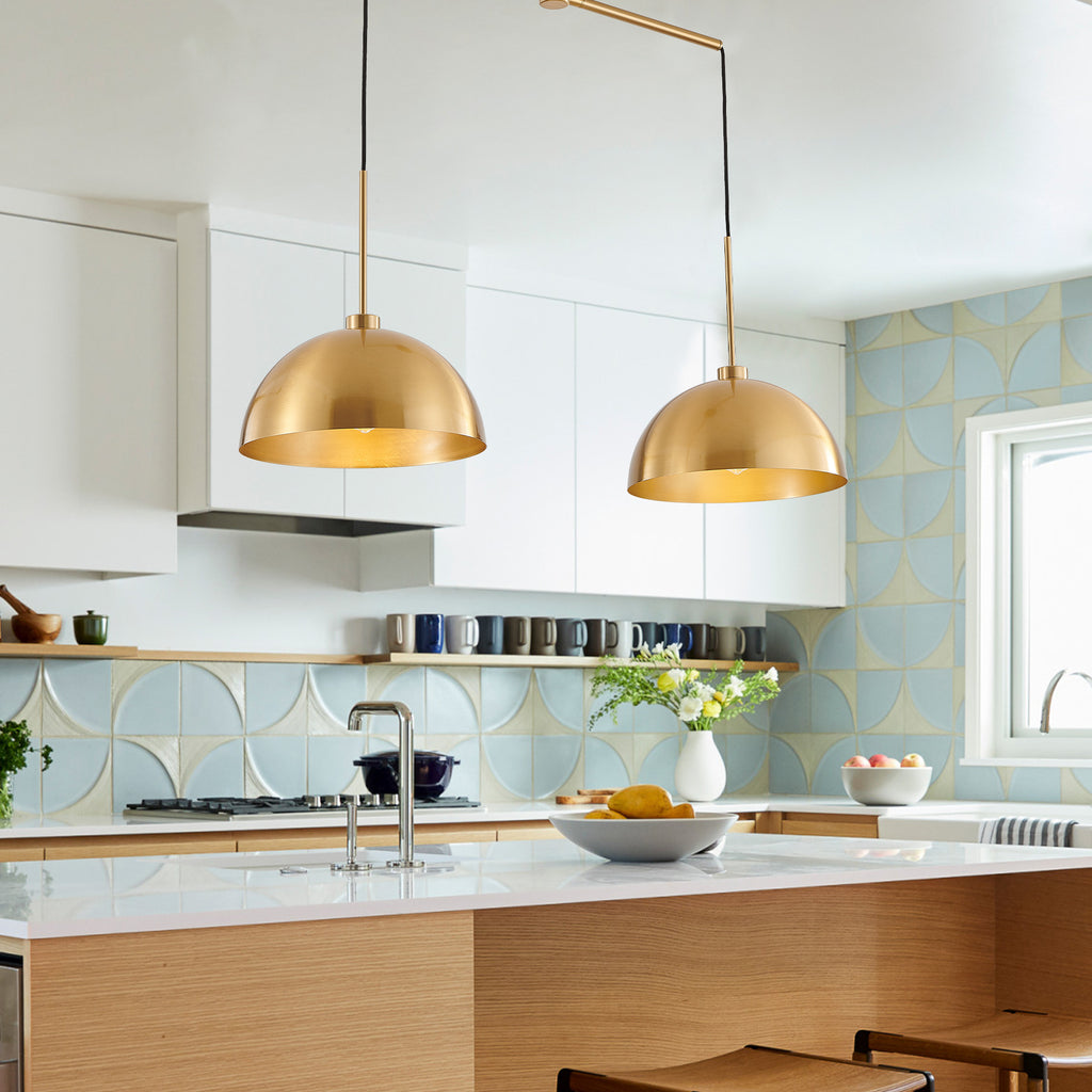 Copper-tone double pendant light on a linear bar, view 6