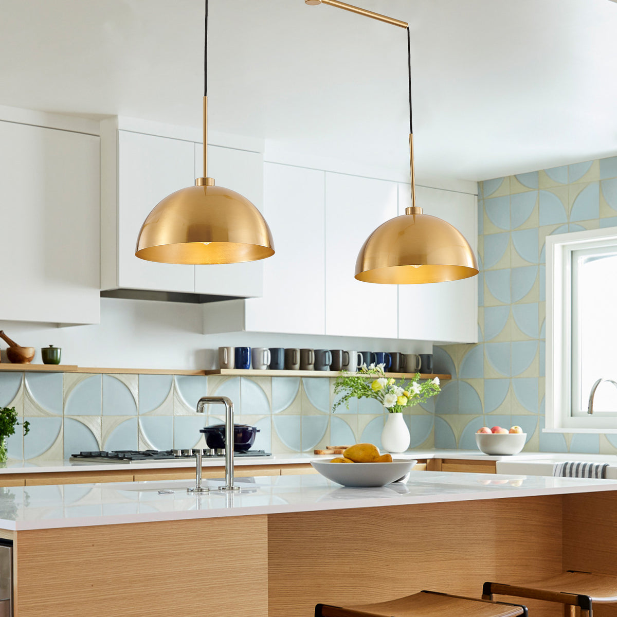 Copper-tone double pendant light on a linear bar, view 6