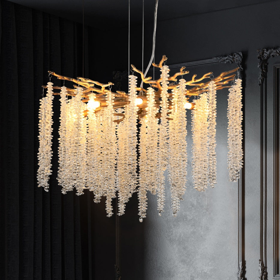 Square gold chandelier with cascading crystal strands, view 4