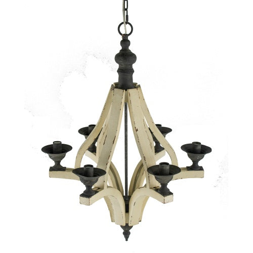 Cream distressed wood six-light chandelier, view 4