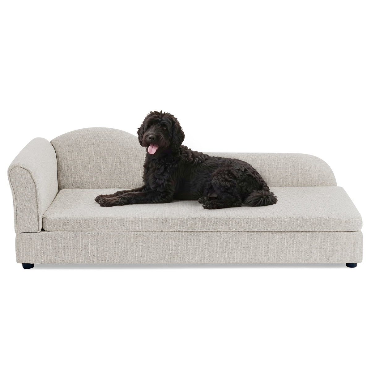 Large dog lying along the full length of the linen pet sofa