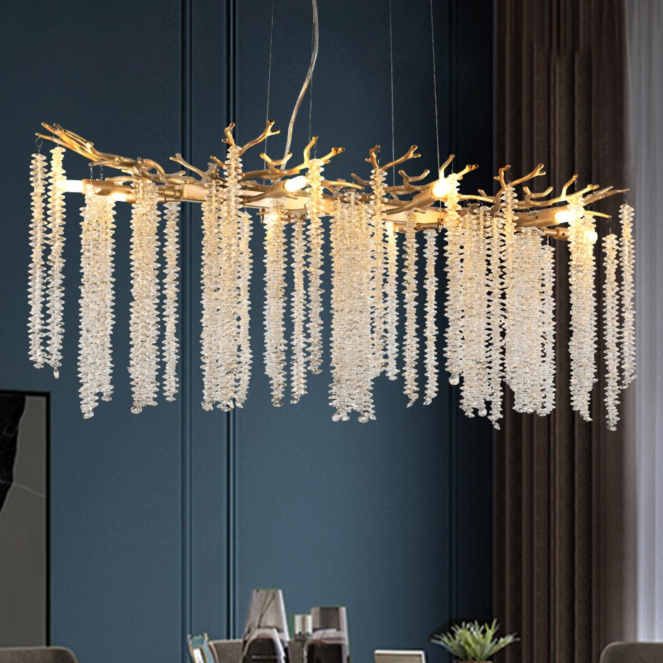 Gold rectangular chandelier with cascading crystal strands, view 9