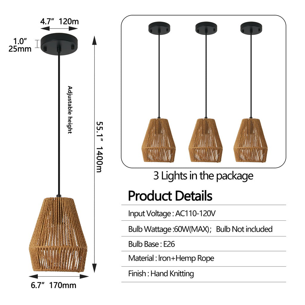 Set of three woven hemp rope pendant lights over a table, view 5