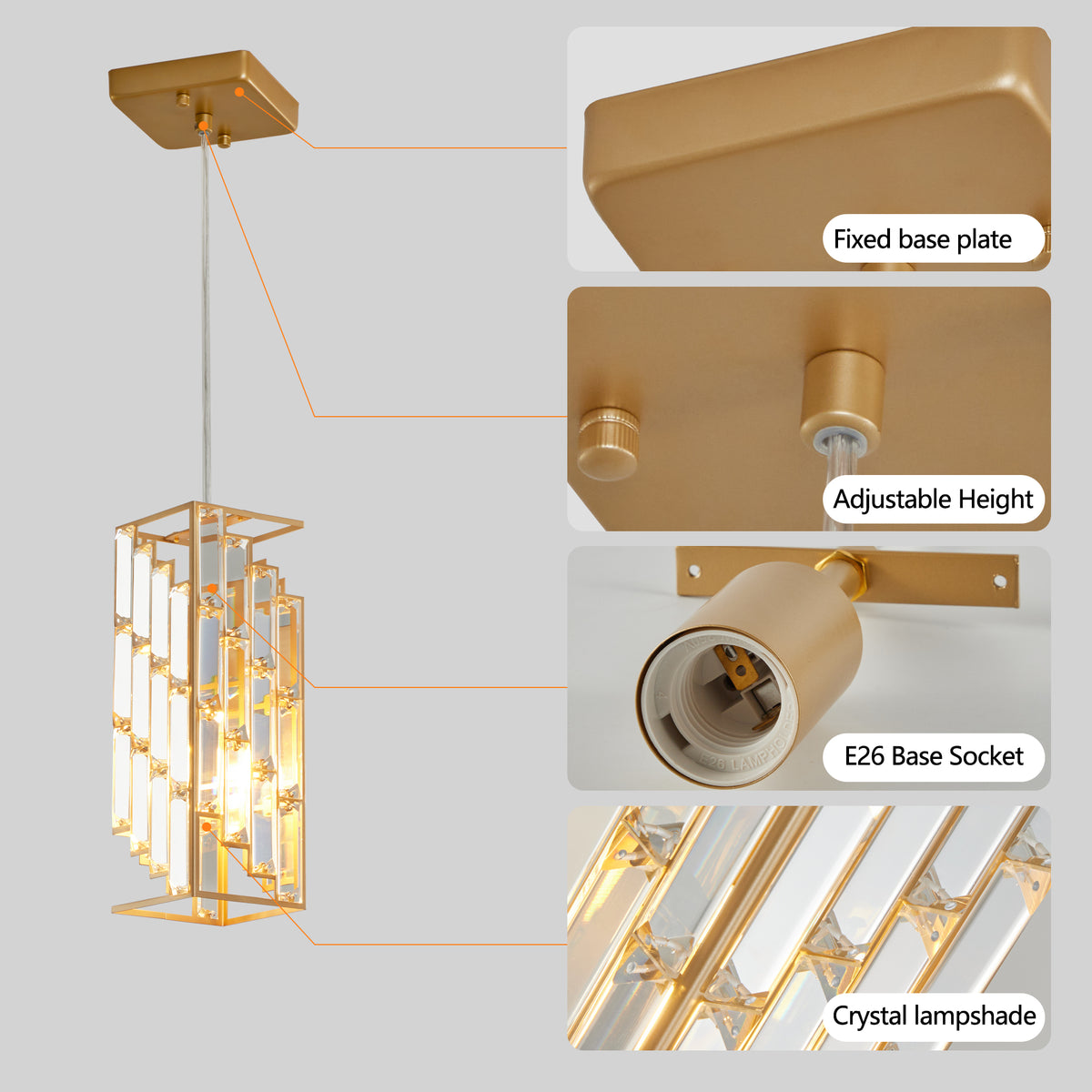 Three small gold crystal prism pendant lights, view 8