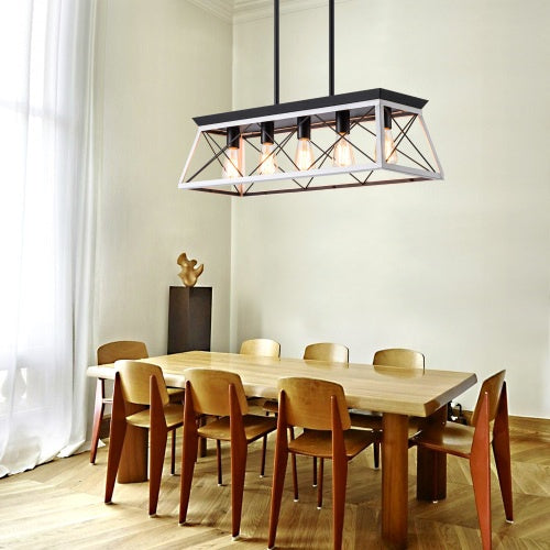 White and black five-light farmhouse chandelier over a dining table, view 2