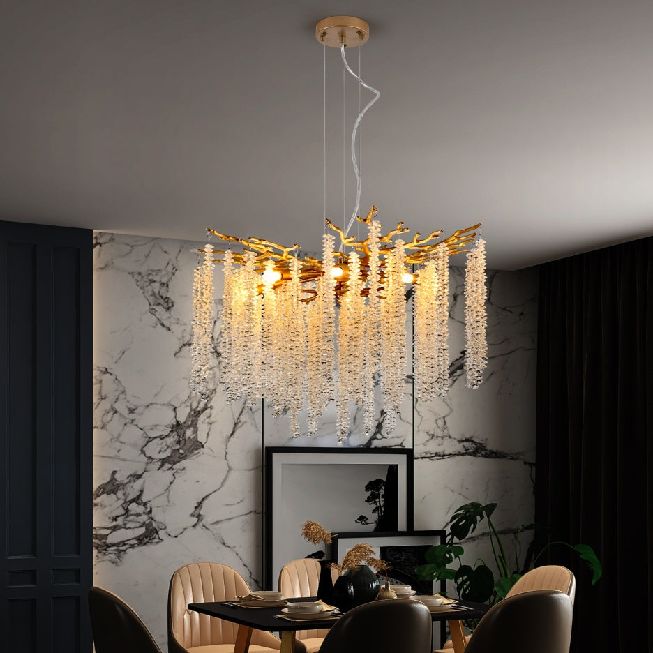 Square gold chandelier with cascading crystal strands, view 2
