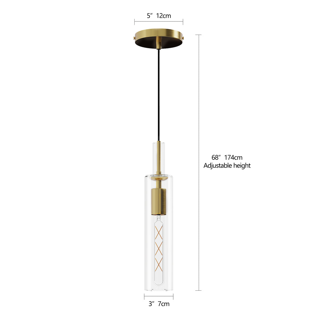 Set of three gold pendant lights with clear striped glass shades, view 2