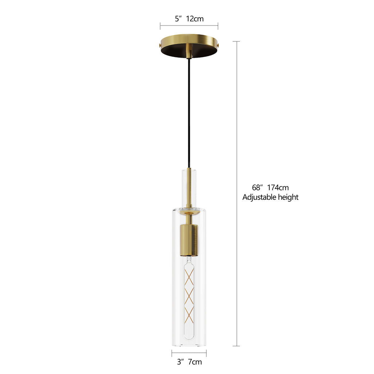 Set of three gold pendant lights with clear striped glass shades, view 2
