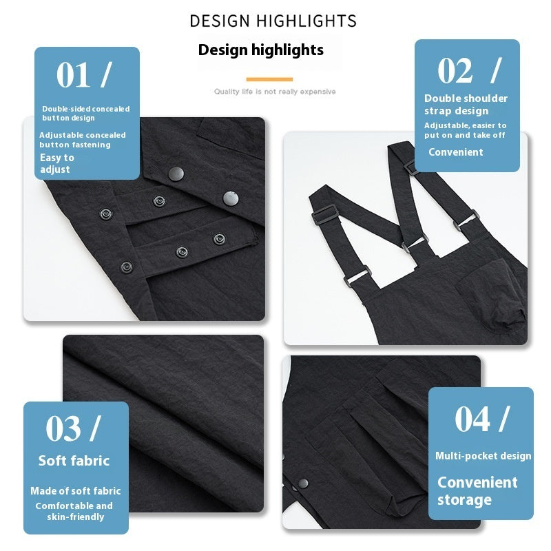 Four panels showing the apron's pockets, straps and stitching details