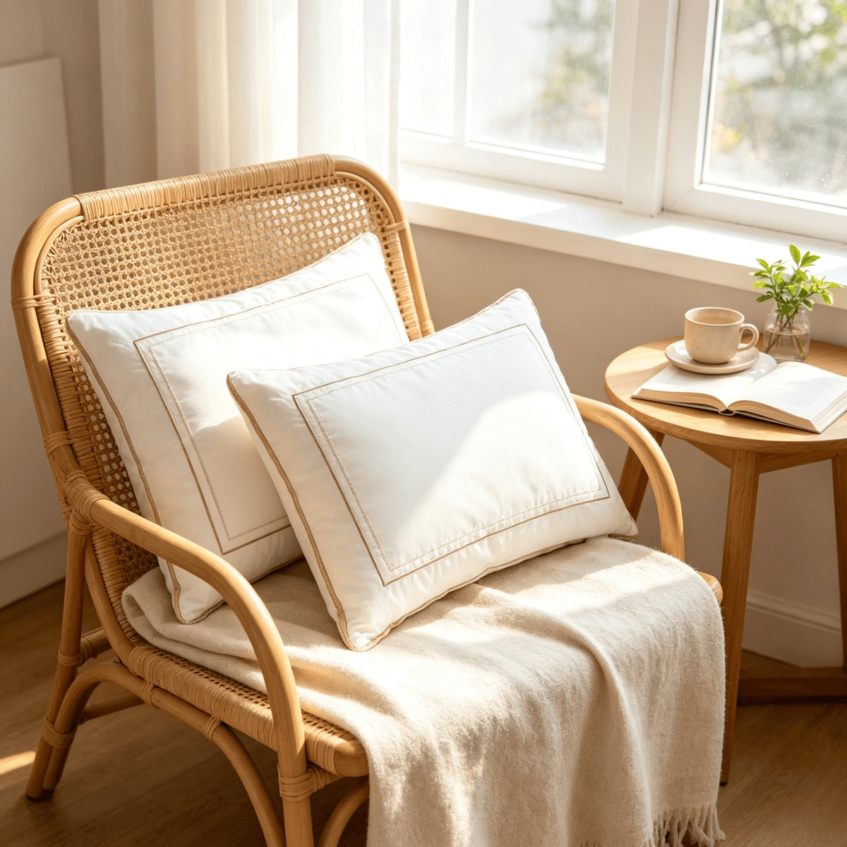 White hotel pillow resting on a rattan armchair beside a sunlit window