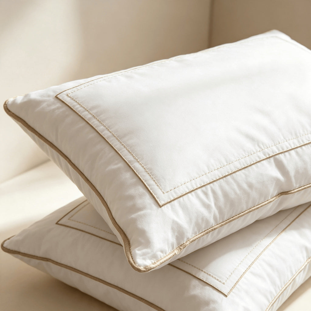 Two thick white all-season hotel pillows stacked on a plain background