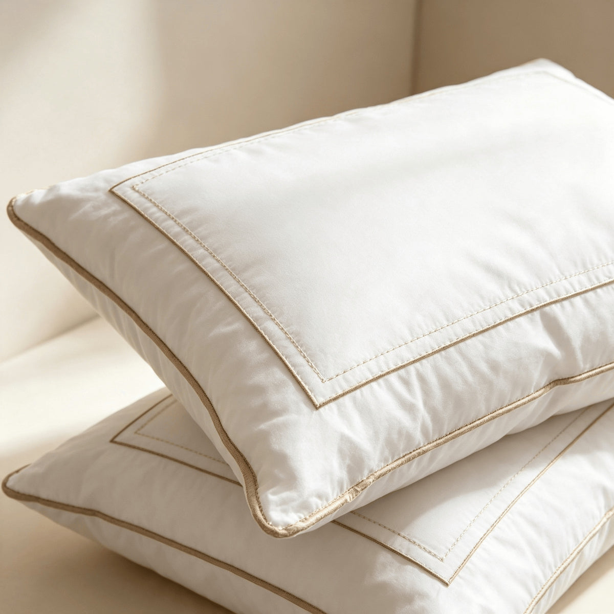 Two thick white all-season hotel pillows stacked on a plain background