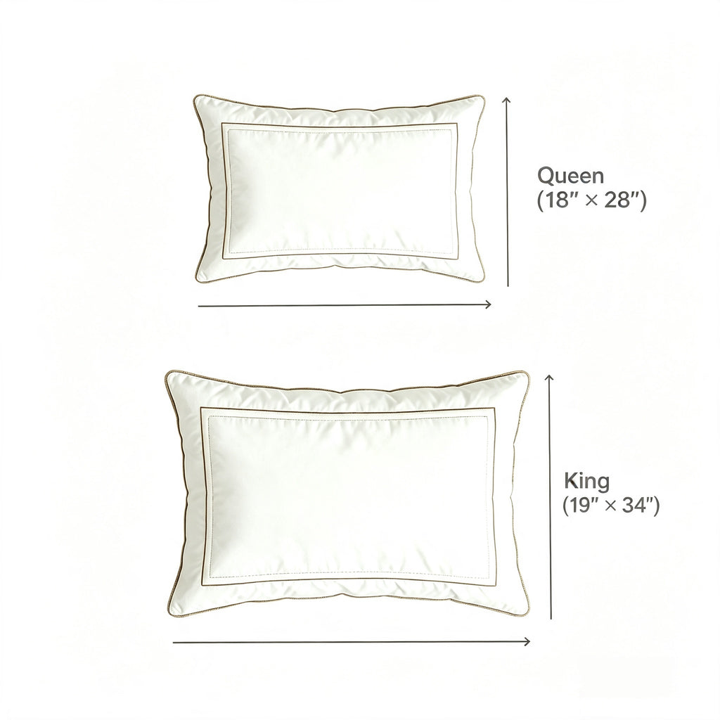 Size guide showing Queen and King hotel pillow measurements in inches