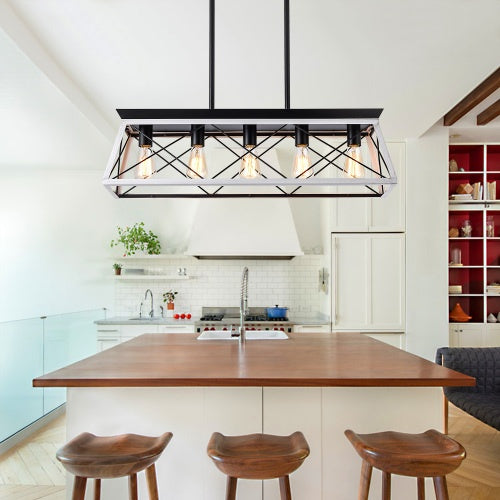 White and black five-light farmhouse chandelier over a dining table, view 4