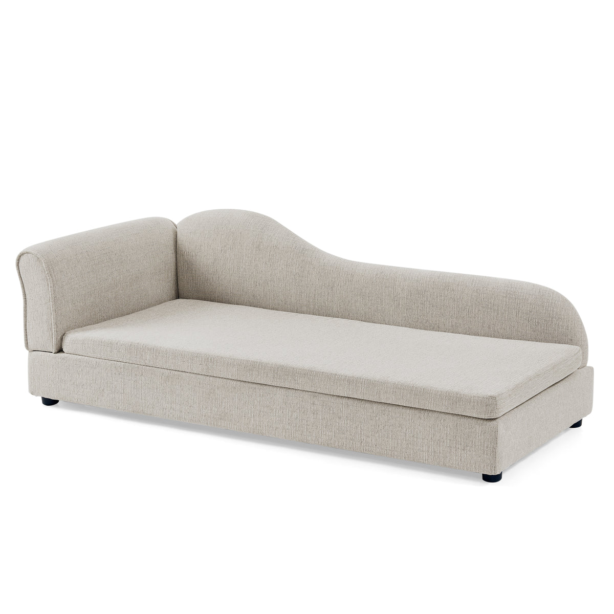 Beige linen pet sofa shown side on against a plain backdrop