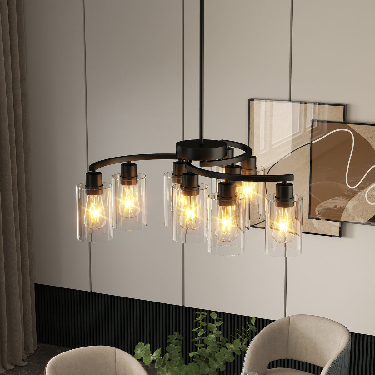 Nine-light black chandelier with clear glass shades over a dining table, view 7