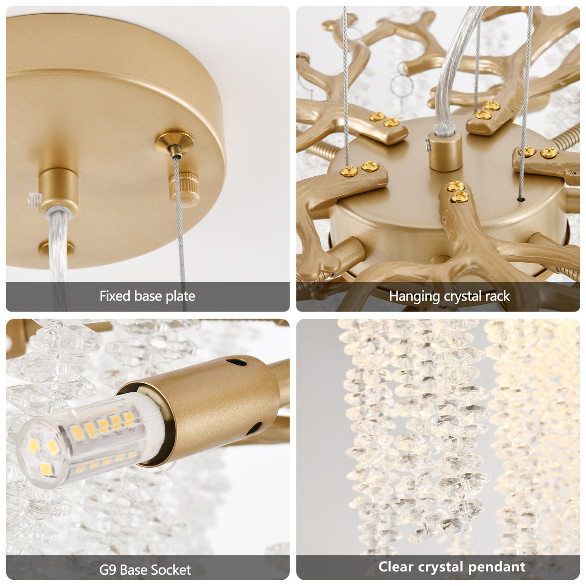 Square gold chandelier with cascading crystal strands, view 8