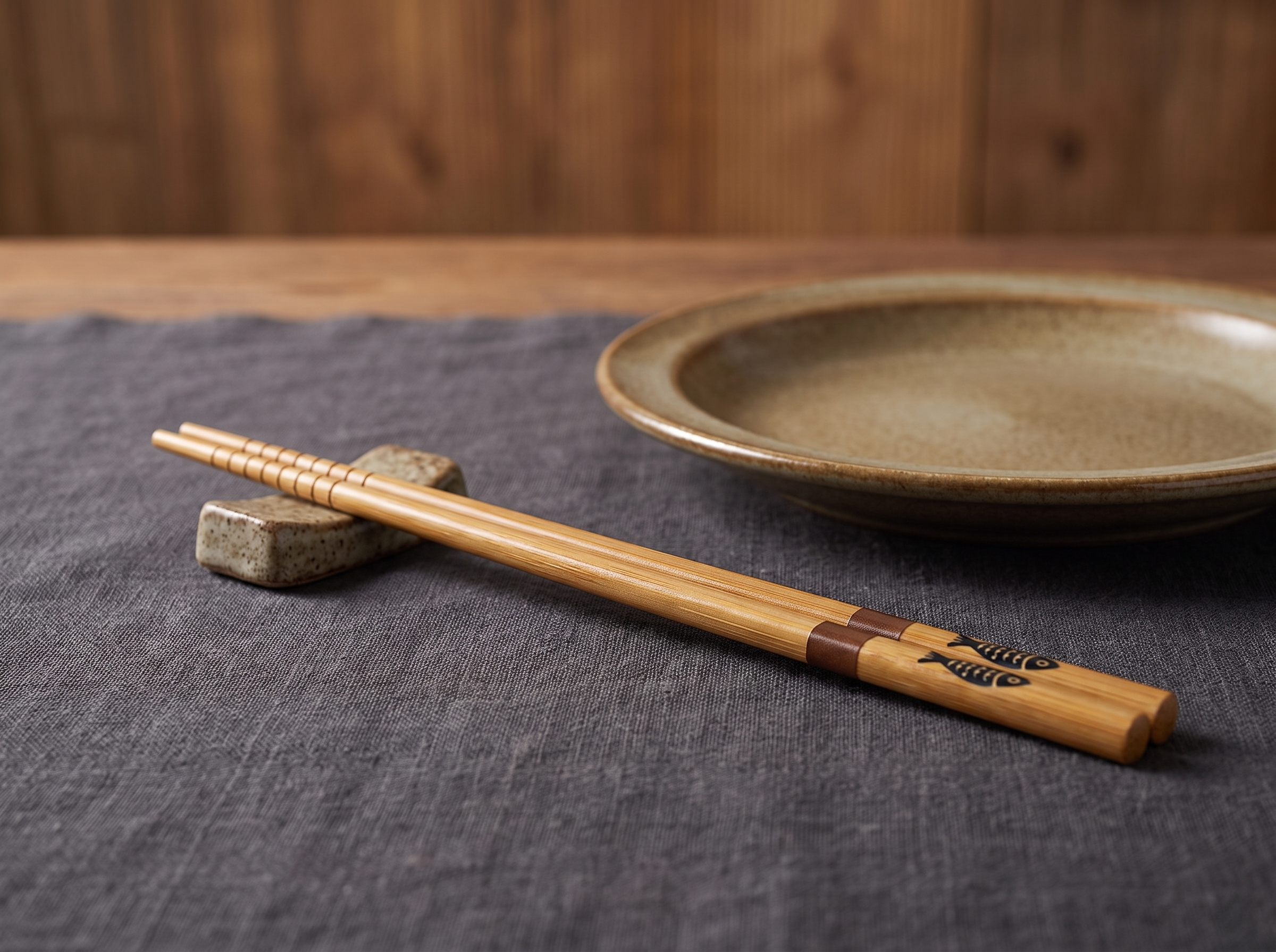 Pair of bamboo chopsticks on a ceramic rest in a minimal Japanese inspired place setting