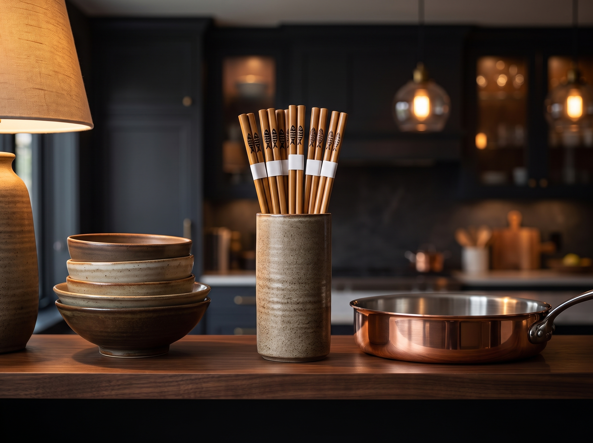 Bamboo chopsticks standing in a stoneware holder on a kitchen shelf beside cookware