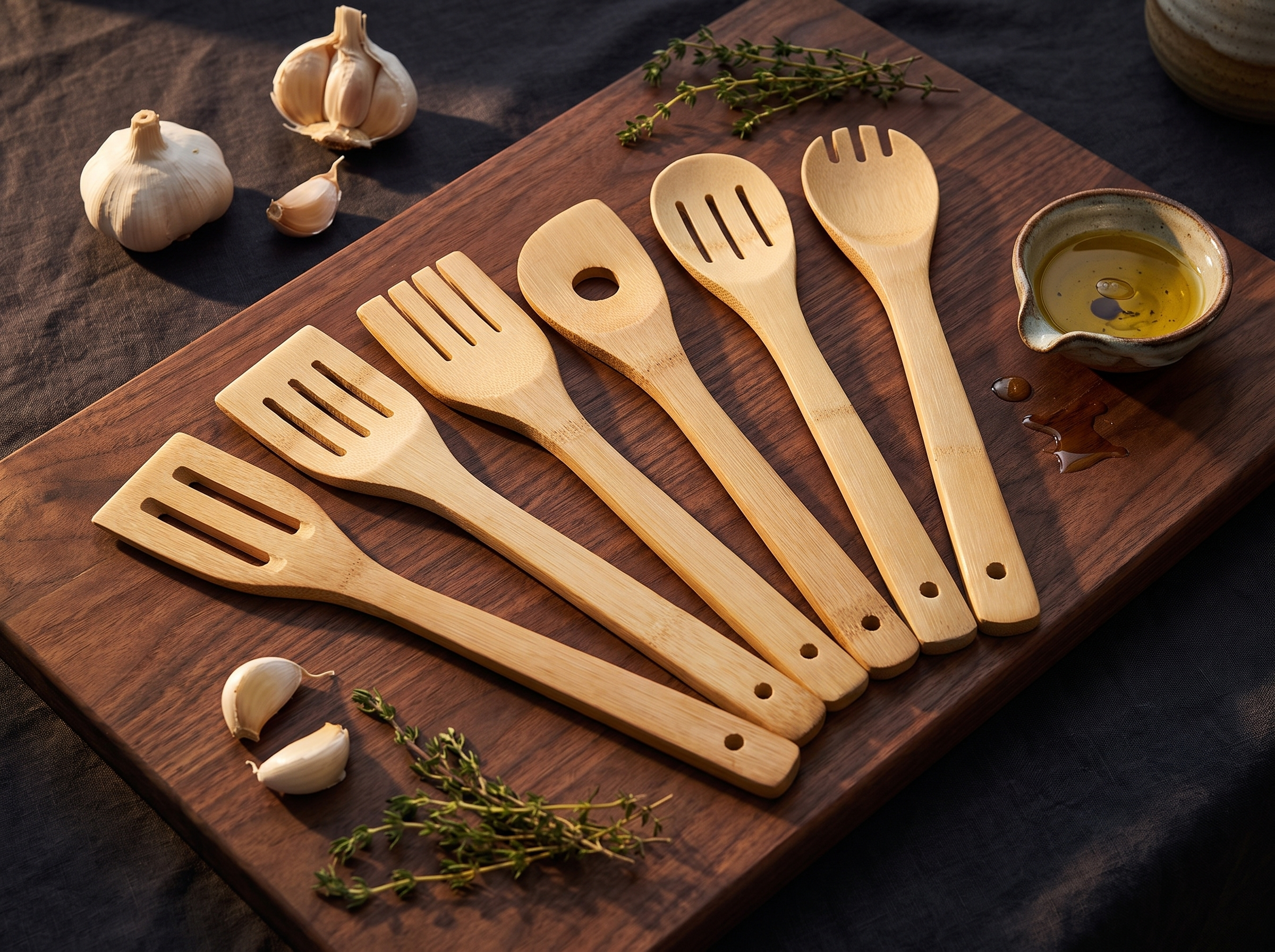 Bamboo cooking utensil laid on a walnut board beside fresh ingredients in warm light