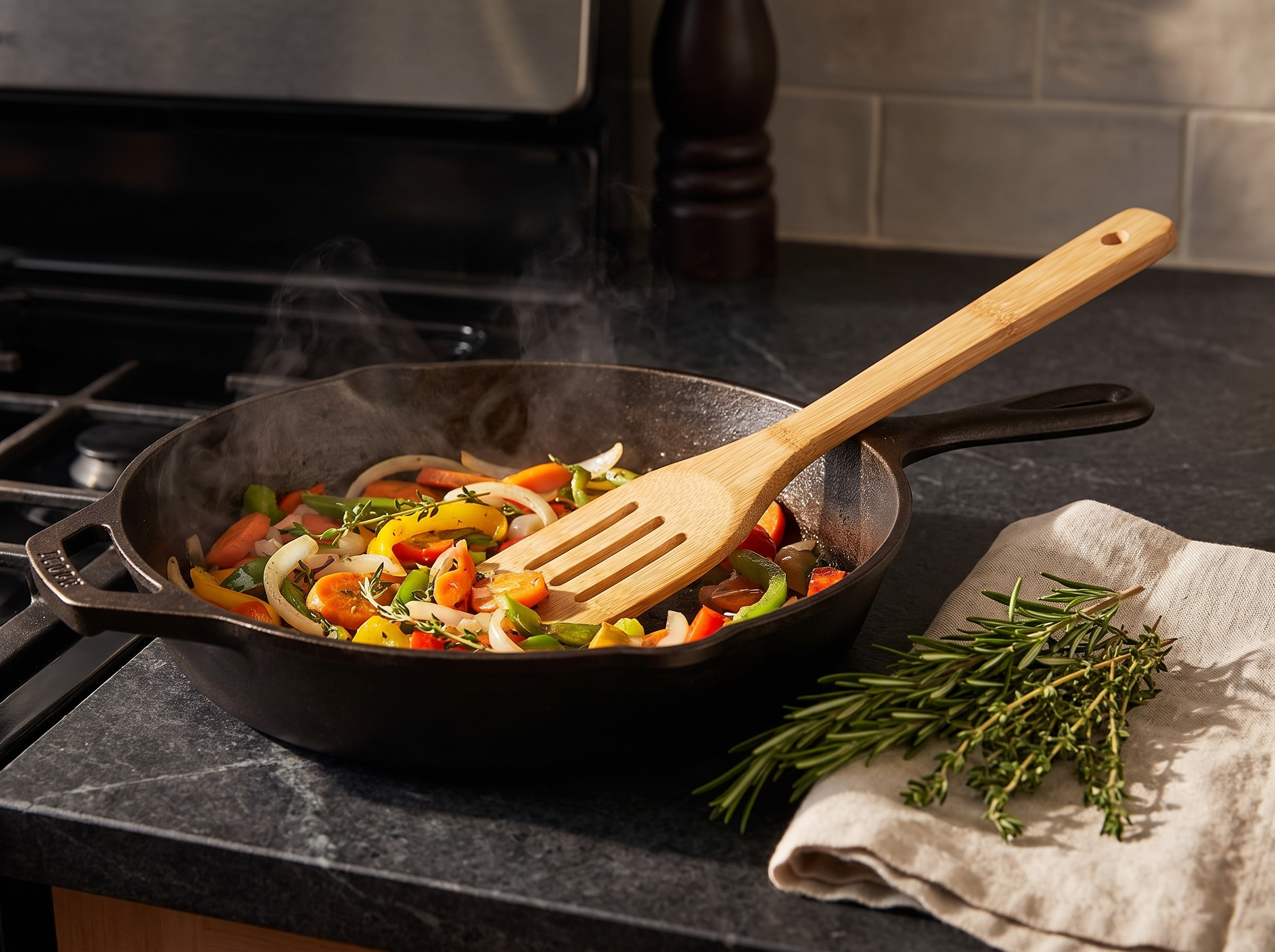Natural bamboo cooking utensil resting in a cast iron pan on a dark kitchen stove
