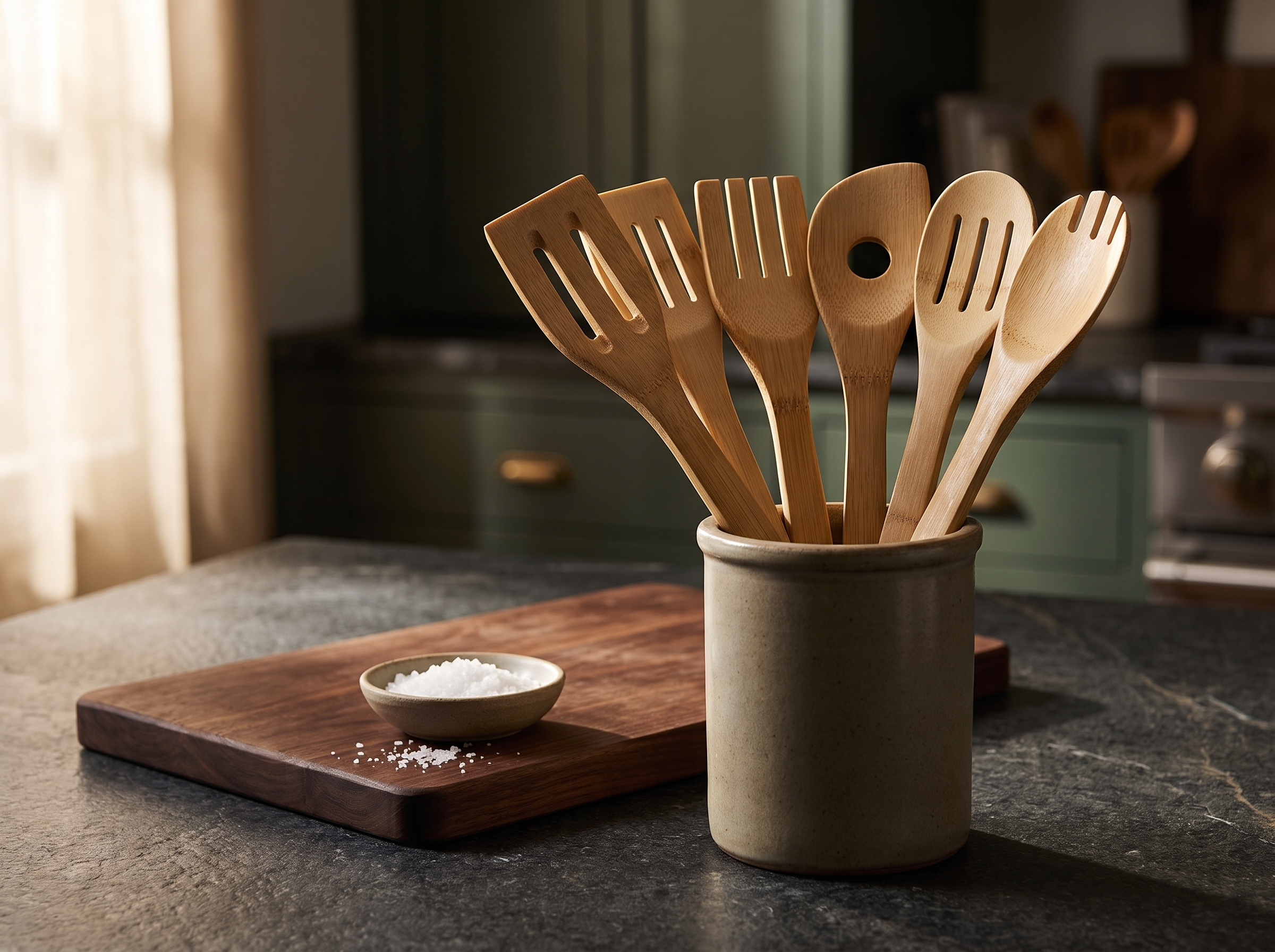 Bamboo cooking utensil standing in a ceramic crock on a stone kitchen counter