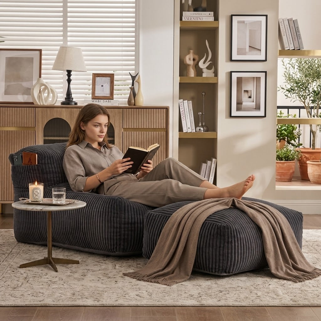 Corduroy Bean Bag Chair with Ottoman