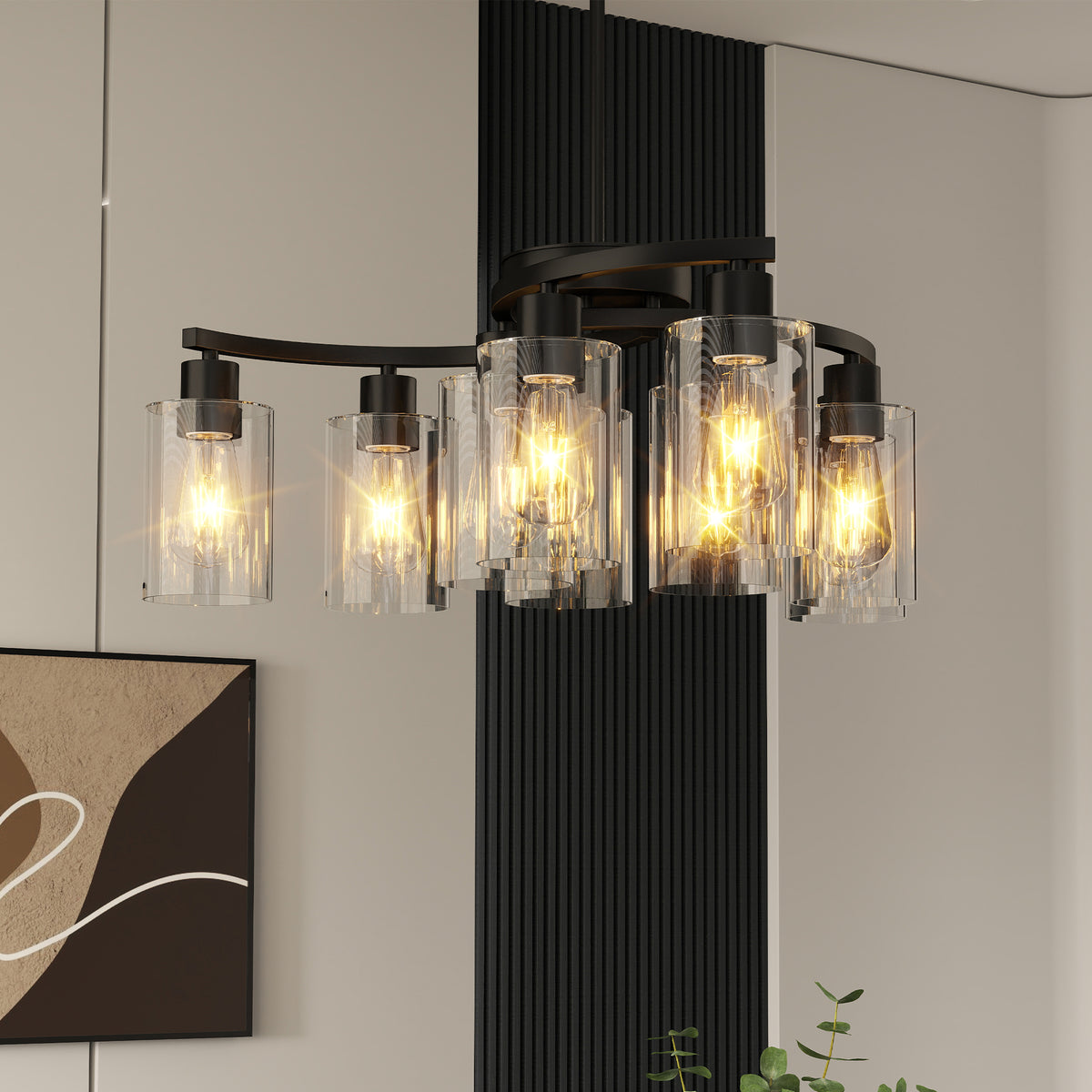 Nine-light black chandelier with clear glass shades over a dining table, view 8