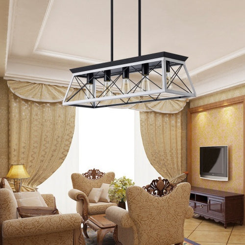 White and black five-light farmhouse chandelier over a dining table, view 6