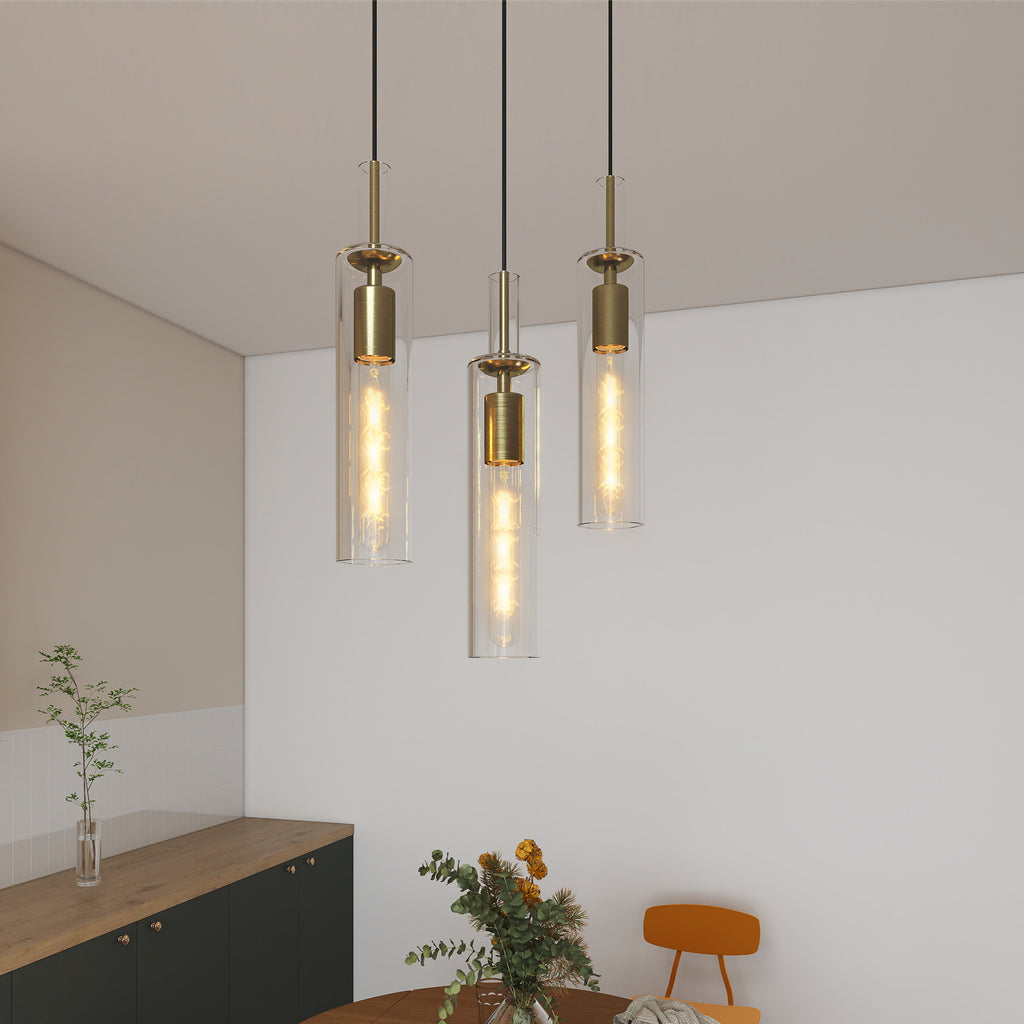 Set of three gold pendant lights with clear striped glass shades, view 5