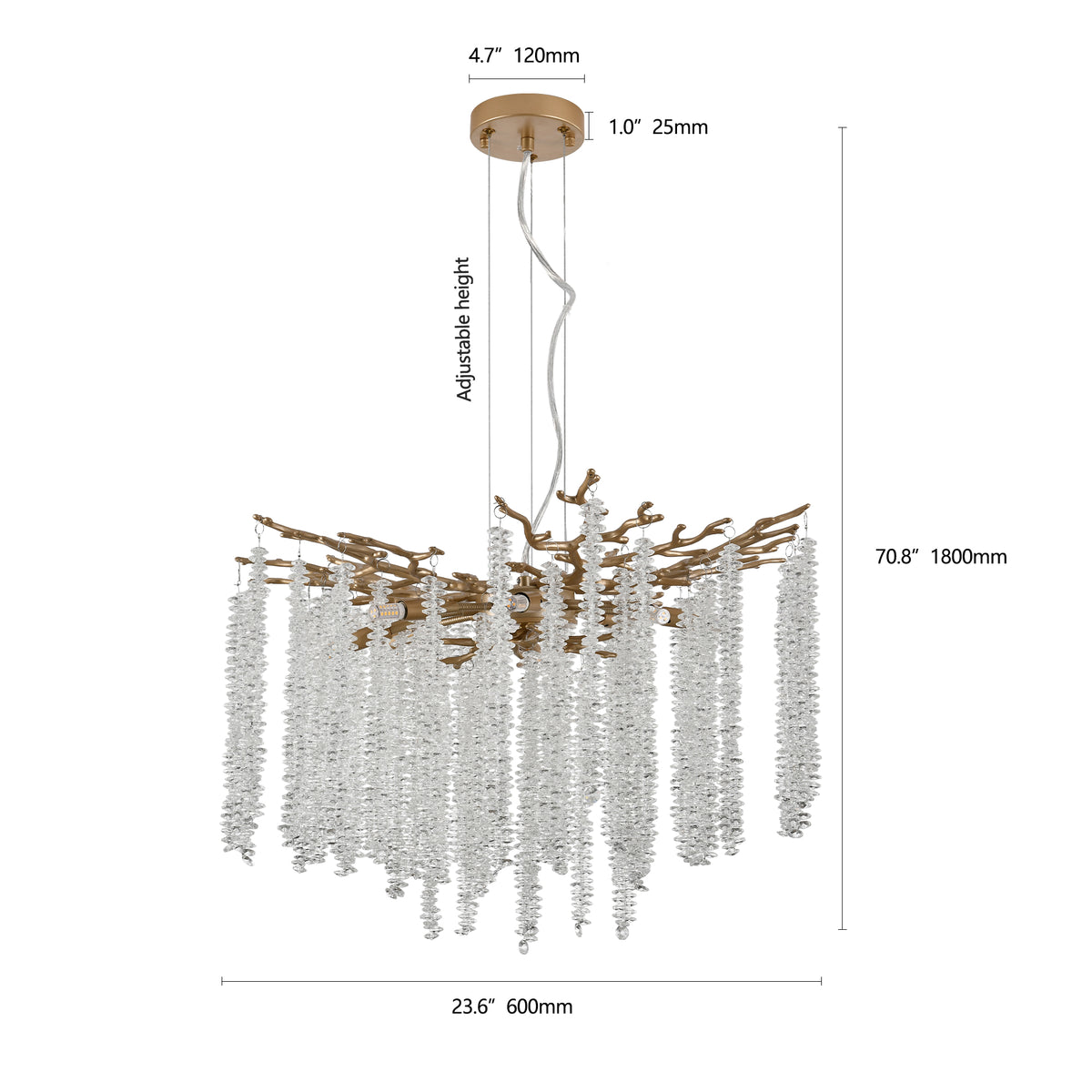Square gold chandelier with cascading crystal strands, view 3