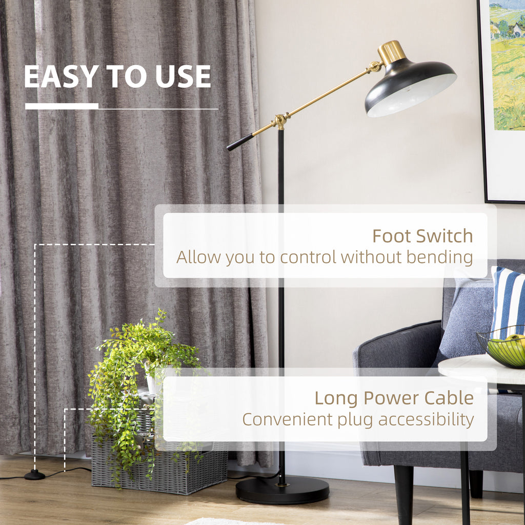Black and gold adjustable floor lamp with balanced arm in a living room, view 3