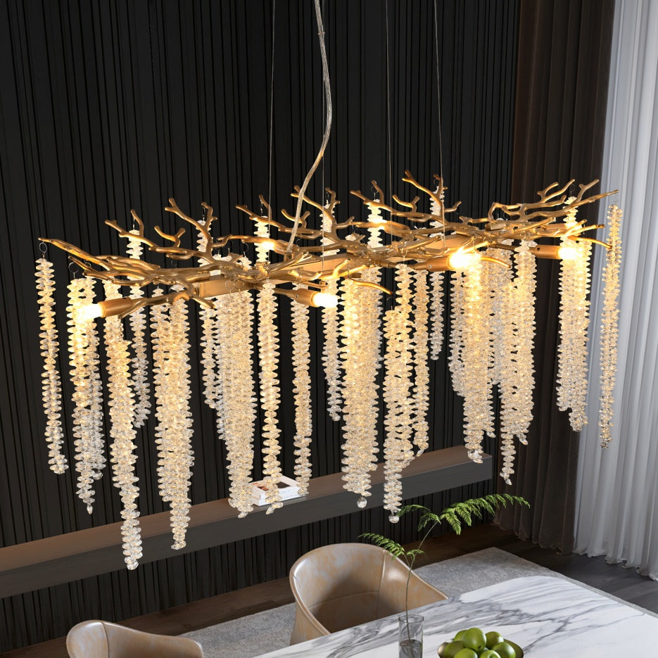 Gold rectangular chandelier with cascading crystal strands, view 6