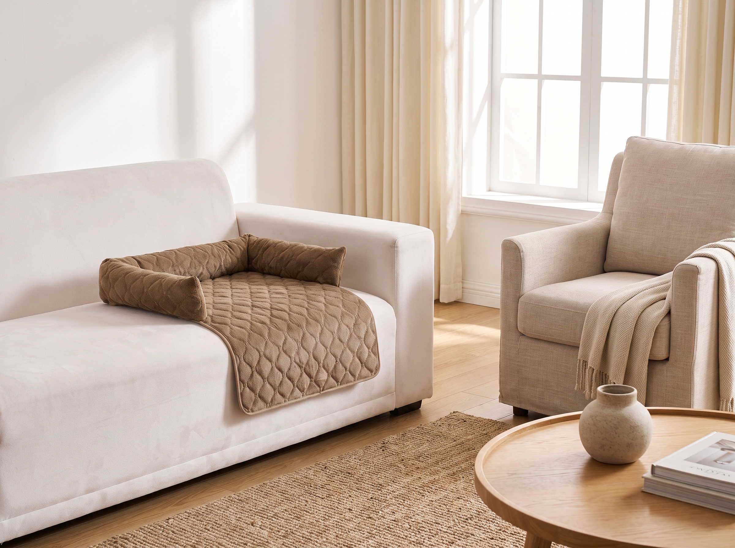 Lifestyle shot of the suede sofa style dog bed placed beside a linen armchair in a warm neutral living room
