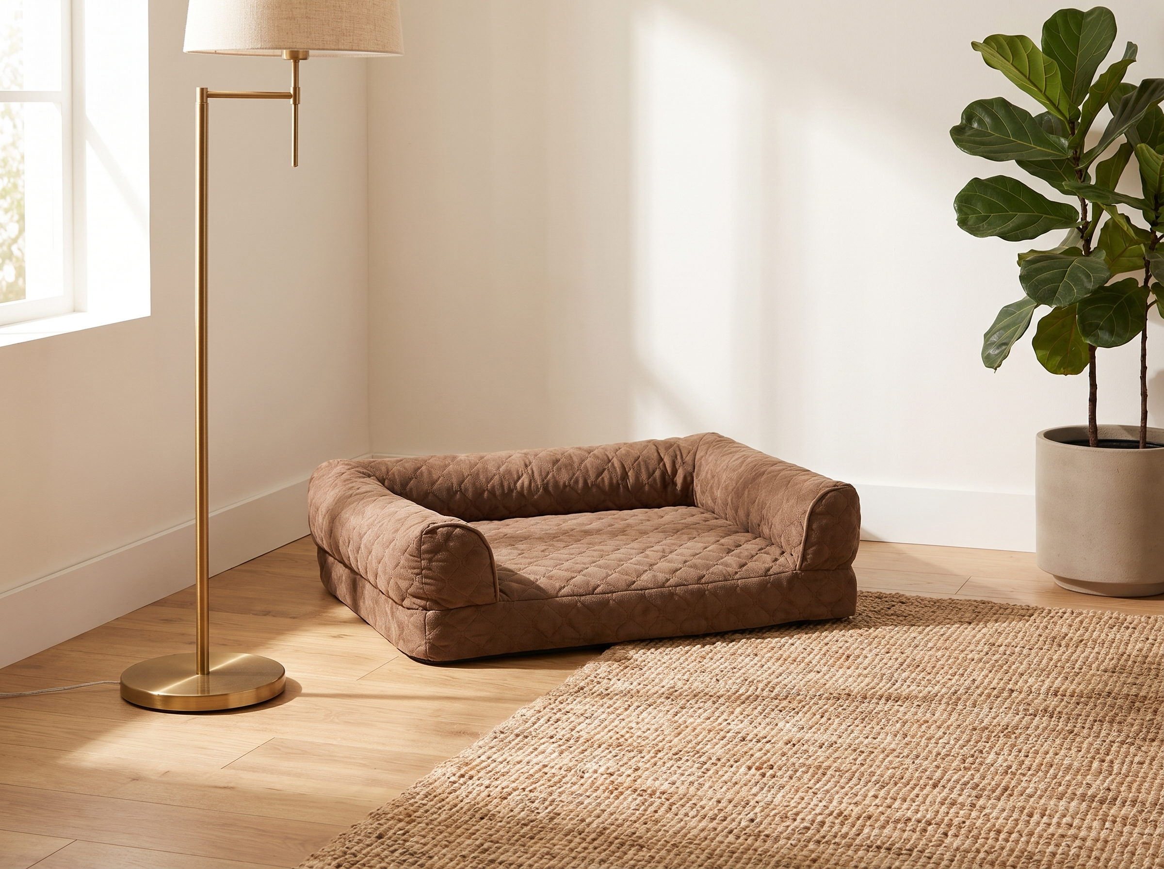 The dog bed styled in a bright modern living room corner next to a floor lamp and woven rug