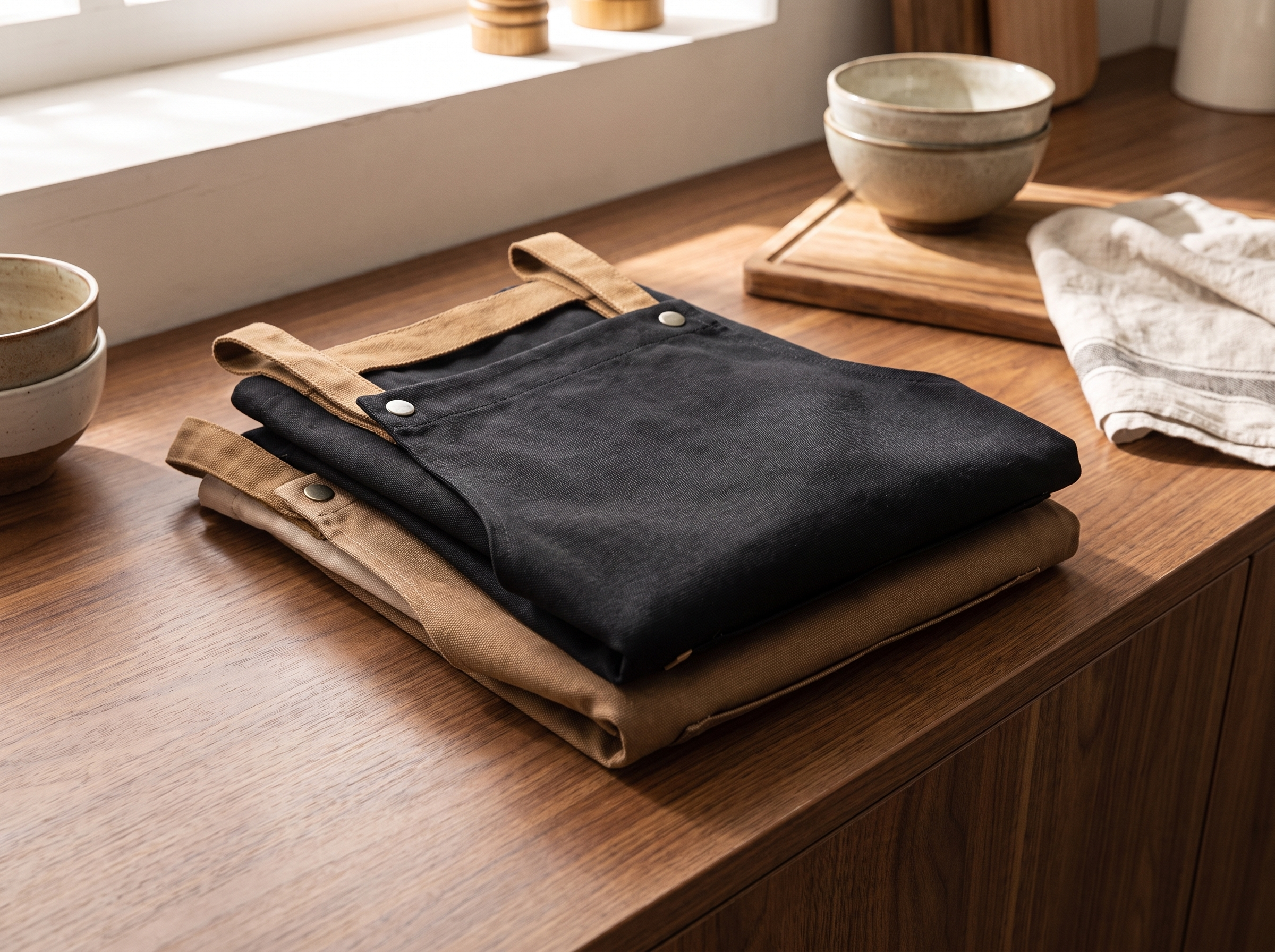 Folded stack of canvas kitchen aprons in black and coffee tones on a wooden kitchen counter