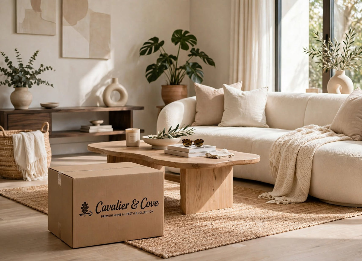 Cavalier & Cove shipping box in a styled living room, free shipping and free 30 day returns